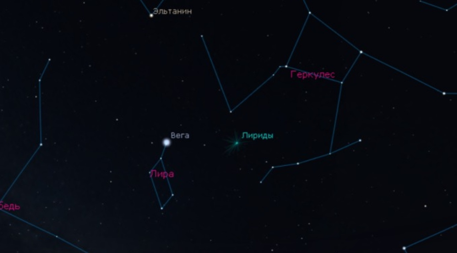 Фото: уфимский городской планетарий. Радиант метеорного потока Лириды. 22 апреля в 23:00